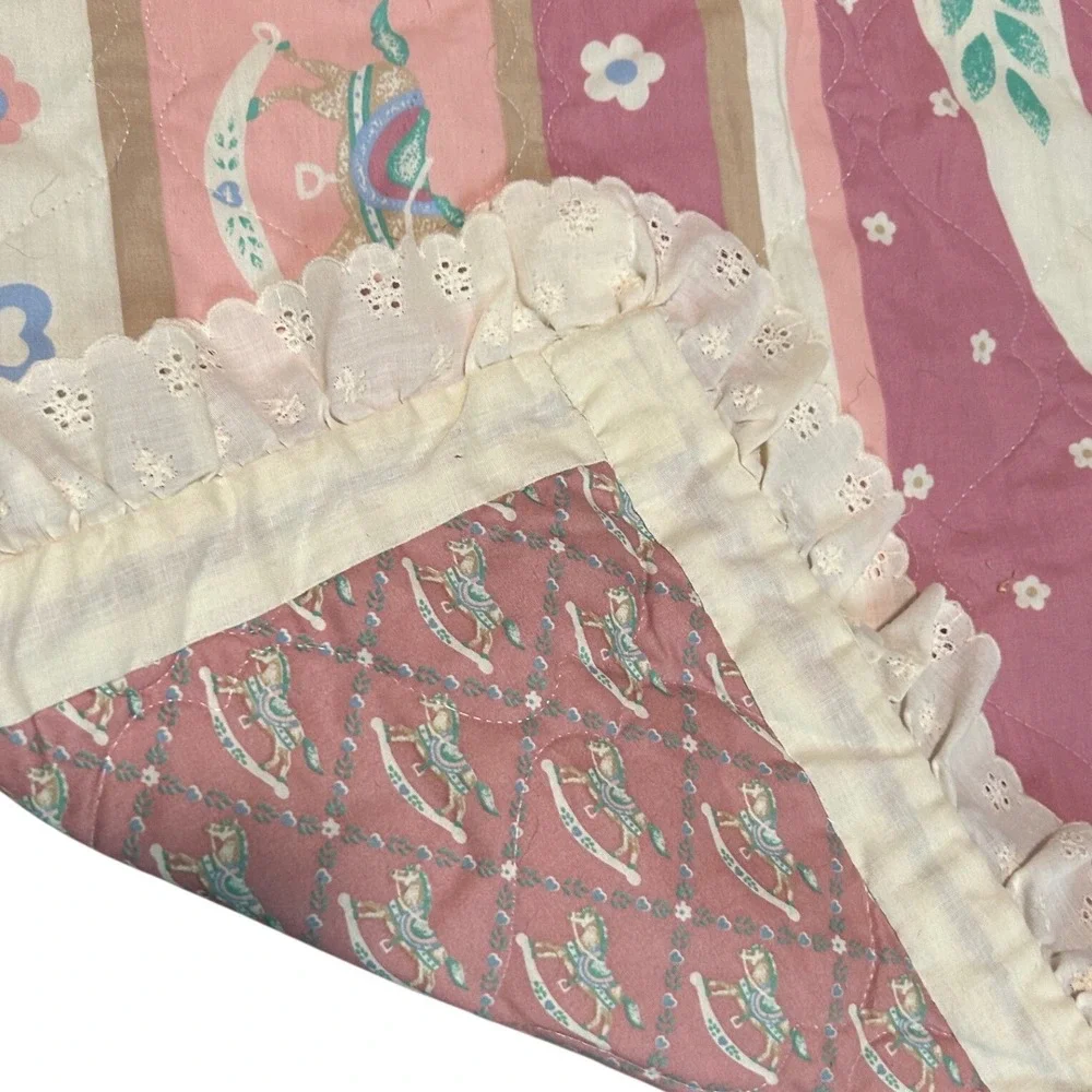 Vintage Rocking Horse Quilted Baby Blanket Pink Blue Eyelet Lace Ruffle Trim